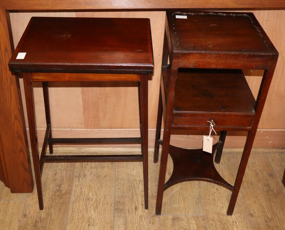 An Edwardian satinwood banded mahogany card table and a George III mahogany two tier washstand, card table, W.45cm, D.34cm, H.74cm.